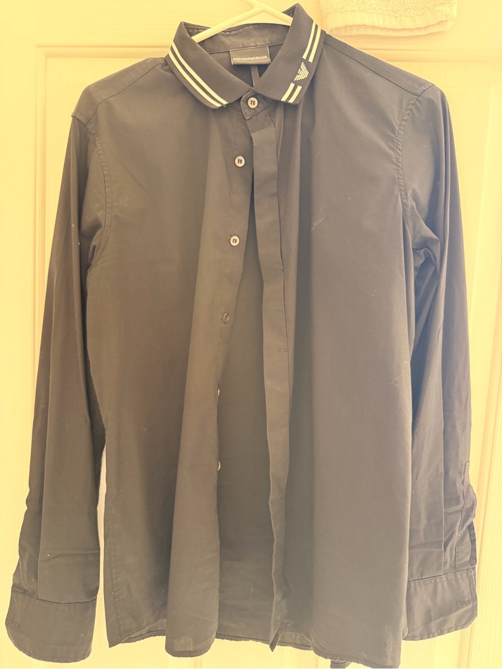 Emporio Armani Black Long-Sleeve Button-Up Shirt with Striped Collar new item